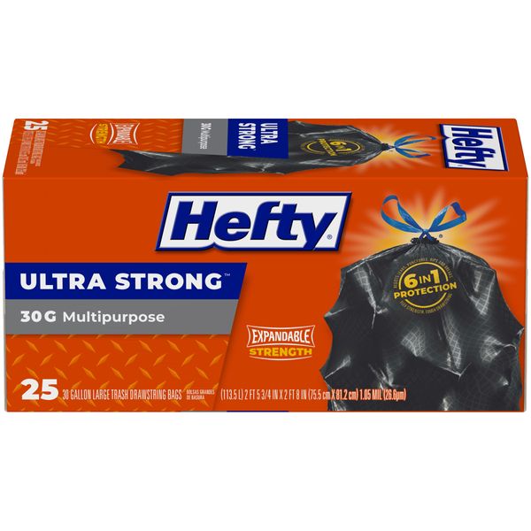 Hefty Ultra Strong Multipurpose Large Trash Bags, Black, Unscented, 30 Gallon, 25 Count (Pack of 1)