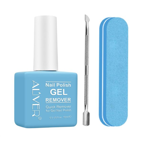 ALIVER Gel Nail Polish Remover Professional for Nails with Cuticle Pusher Tool Remove Gel Polish Don't Hurt Nails in 2-4 Minutes, No Need for Foil, Soaking or Wrapping, Safe and Quick DIY 15ml