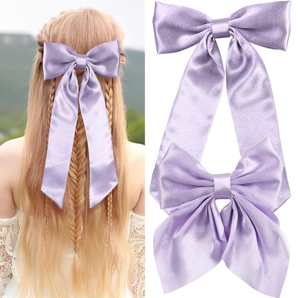 NAISKA Purple Hair Bow Clips for Women Silky Satin Bows Hair Clip Bowknot Hair Ribbons with Long Tail French Style Hair Barrettes Alligator Pins Hair Accessories for Teen Girls(2PCS)