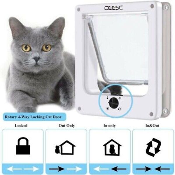 Cat Flap, Magnetic Pet Door with Rotary 4 Way Lock for Cats and Kittens White Lg