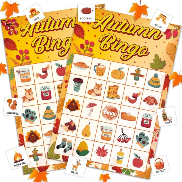 JUESMOS Fall Bingo Game 24 Players Autumn Bingo Cards Fall Thanksgiving Party Games for Adults Family Activity Autumn Bingo Harvest Game Party Favors Classroom School Supplies