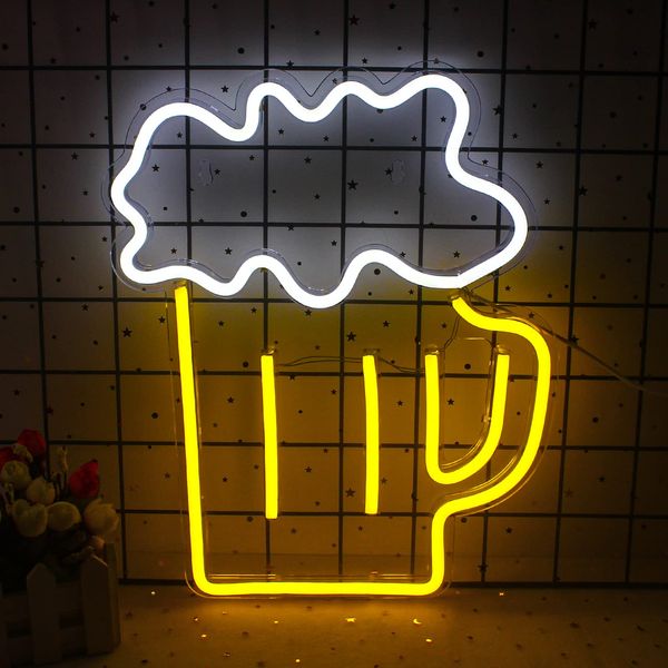 Beer Neon Signs Beer LED Signs Yellow White Neon Lights Wall Decor for Man Cave Bar Neon Night Club Beach Store Design Holiday Celebration Party Decor USB Operated(14.2”x12.2”)