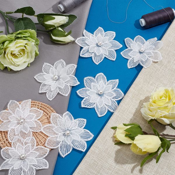 GORGECRAFT 20Pcs White Embroidery Flowers Sew On Patches 3D 2 Layers 8-Petal Lace Flower with Imitation Pearl Lace Embroidered Appliques for Wedding Bridal Dress Embellishment DIY Sewing Crafts