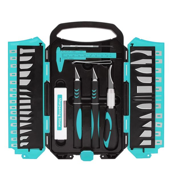 MANUFORE 34pcs Large Exacto Knife Set Blue Deluxe Craft Precision Knife Set Include 3pcs Craft Knives with Anti-Slip Rubber Grip, 25pcs Different Blades, 2pcs Needles, Sharpening Stone, Screwdriver