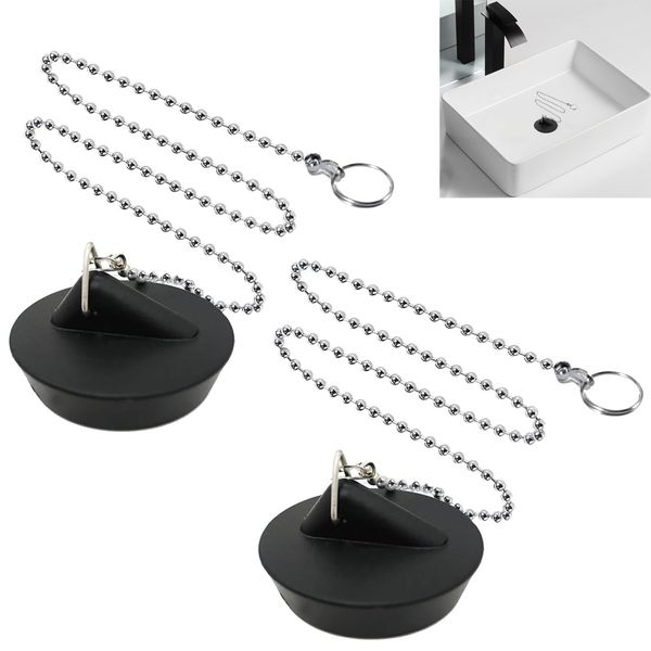 YUNYU 2 Pcs Universal Sink Plug with Chain, Bathroom Sink Plug Replacement, Drain Stopper for Bathroom Kitchen, Rubber Bath Plug with Stainless Steel chain (Size 1.57in To 1.77in, Chain 16.5in)