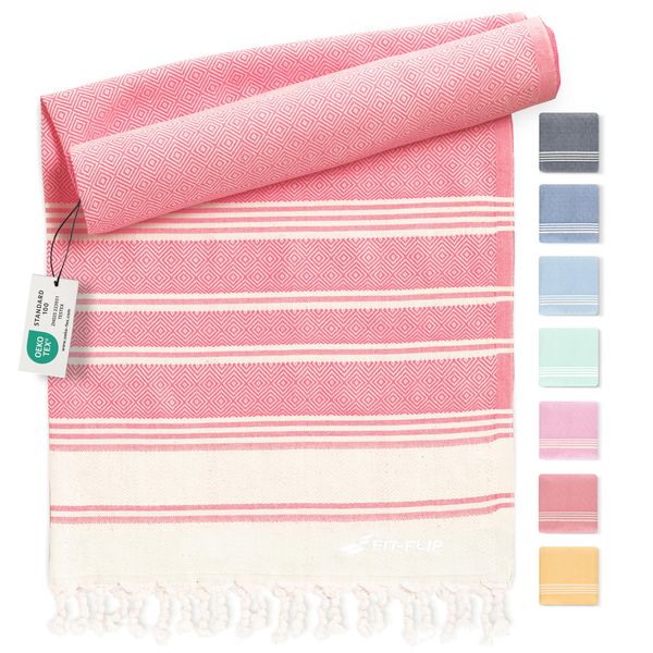 Hammam towel - Beach towel XXL made from 100% recycled cotton - Quick-drying Turkish hammam beach towels, fouta, pestemal Turkish towels ideal as a Turkish blanket – Coral – 100x200cm Diamond