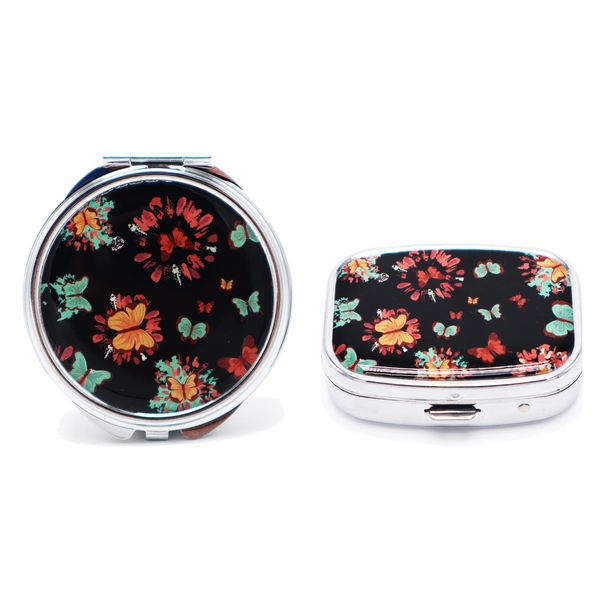 Unifume Pill Box - 3 & 2 Compartments - 2pcs Medicine Pill Case, Portable Vitamin Holder Organizer for Purse Pocket Travel Gifts Jewelry Storage Box (with Mirror) (Butterfly)