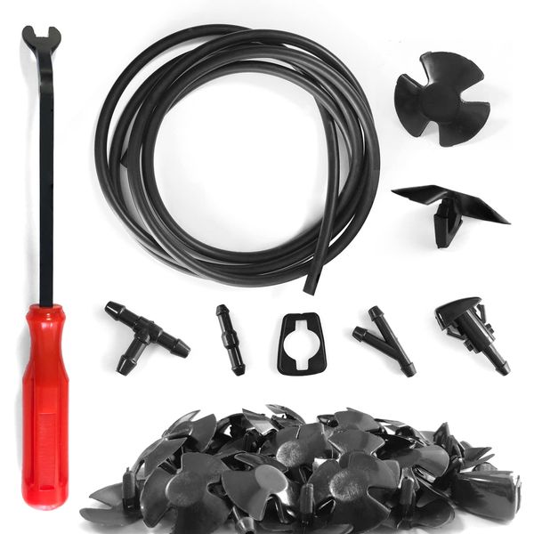 Windshield Washer Hose Kit, 2M Washer Fluid Hose+3 Pcs Hose Connectors+4 Fan Nozzles+4 Rubber Gaskets +30 Pcs Cap Heat Insulation Clips, Connect Car Water Pump and Nozzles, Suitable for Most Car