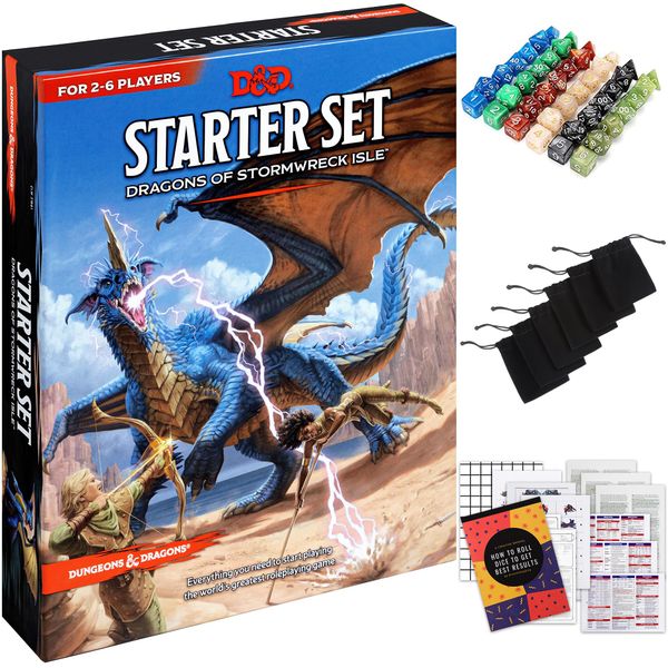 Dungeons and Dragons Starter Set - 6th Edition, Dragons of Stormwreck Isle - Bundled Extra 6 Dice Sets, Flannel Bags, Master Screen, New Heroes - Includes Printable Material D&D Board Game