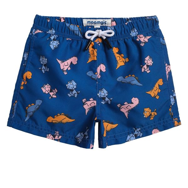 MaaMgic Kleine Jungen Badeshorts Schnelltrocknend Boardshorts mit Mesh-Futter Taschen und Verstellbarem Tunnelzug MEHRWEG,Navy Blau Dinosaurier Cartoon,5-6 Jahre alt