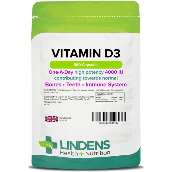 Lindens Vitamin D3 4000IU - 360 High Strength Capsules - Supports Healthy Immune System & Calcium Absorption - One-A-Day Capsule - 12 Month Supply - UK Manufacturer & Letterbox Friendly