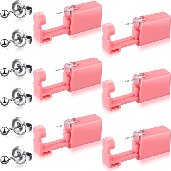 6 Pieces Self Ear Portable Piercing Gun Kit Disposable Nose Piercer with Pierced Earrings Household Body Piercing Tools with Studs for Men Women (Bead Style, Pink)