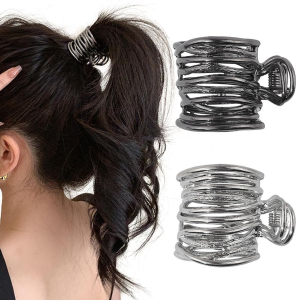 2 Stück Metall Haarklammer,Pferdeschwanz Haarklammern für Langes Haar Rutschfest Hohle Klein Haarspange Schwarz Hair Clip Silber Claw Clip für Hoher Pferdeschwanz Frauen Mädchen Hair Accessories