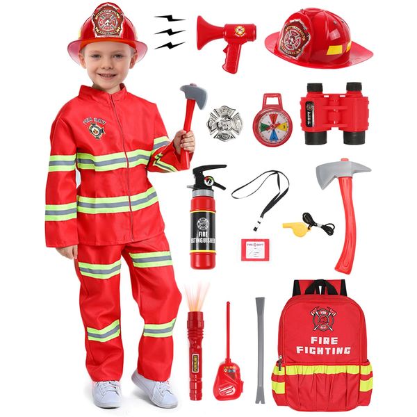 Firefighter Costume Kids 15 Pcs Fireman Dress-up Toy Set Toddler Halloween Costumes Boys Girls Fire Fighter Hat with Gear Bag Accessories RK039L