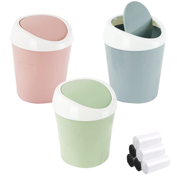 SITAKE Mini Swing Lid Desktop Trash Can, Blue + Green + Pink, Plastic, 3 Colors, 180 Count