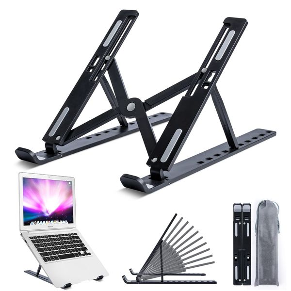 Laptop Stand, ABS, Tablet Stand, PC Stand, Lightweight Notebook, Ergonomic Design, 10 Levels Adjustable Height, Angle, Foldable, Laptop Stand, Fits Under 16 Inches, Anti-Slip, Black With Storage Bag,