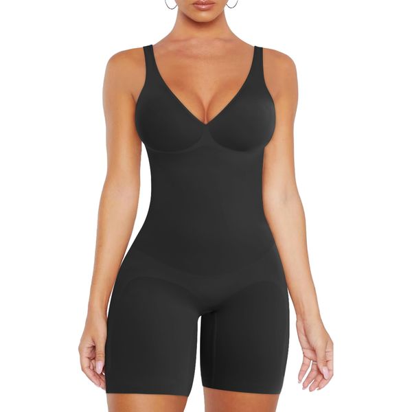 VVX Shorts Bodysuit for Women Tummy Control V Neck Shapewear Seamless Sexy Butt Lifting Bodycon One Piece Short Jumpsuit - Black M