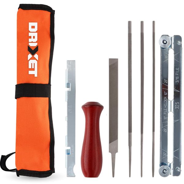 Drixet Chainsaw Sharpener Tool Kit – Includes: 5/32", 3/16" & 7/32 Inch Round Files, Flat File, Depth Gauge, Filing Guide, Handle, Tool Pouch, Combo 8-Piece Pack with Instructions