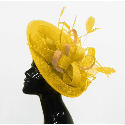 Caprilite Yellow and Gold Mustard Sinamay Big Disc Saucer Fascinator Hat for Women Weddings Headband