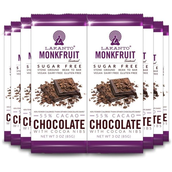 Lakanto Sugar Free Chocolate Bars - Dark Chocolate, Sweetened with Monk Fruit Sweetener, 3g Net Carbs, Keto, Gluten Free, All Natural, Snack, Hot Chocolate, Truffle (Chocolate w Cacao Nibs - 8 Pack)