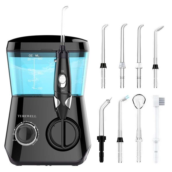 Munddusche Elektrische - TUREWELL Zahnzwischenraumreiniger mit 10 Druckstufen und 8 Düsen,IPX7 Wasserdicht Oral Irrigator, 600ML Wasser Flosser für Zuhause (Schwarz)