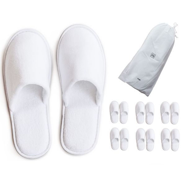 ModLux Spa Slippers - 6 Pairs of Large Sized Cotton Velvet Closed Toe Disposable Slippers with Travel Bags, Non-Slip House Slippers for Guests, Hotel or Commercial Use (6 Pack Large, White)