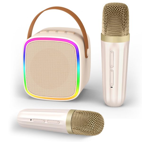 Texpot Mini Karaoke Machine with 2 Wireless Microphones, Kids Toys Portable Bluetooth Speaker for Kids Adults Toddler, Christmas Girls Toys for 4 5 6 7 8 9 10 12 Year Old Birthday Gift Ideas(Beige)