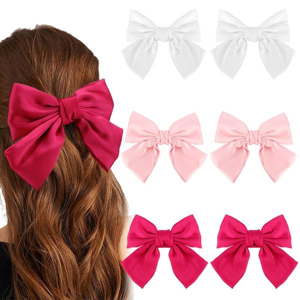 Ahoney 6 Pack Satin Hair Bow Hair Clips for Women Girls, 6" Bowknot Hair Ribbons for Hair Ponytail Cute Hair Clips Bow for Hair Accessories Barrettes for Women (Pink)