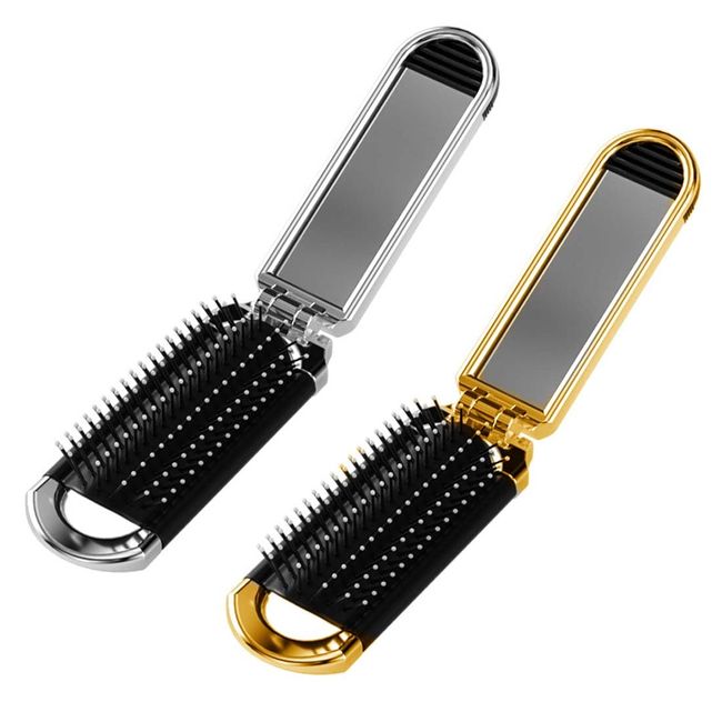 SSRDFU Faltbare Haarbürste mit Spiegel - 2 Stück Klapp Reise Haarbürste Mini Haarkamm Pocket Kompakte Haarbürste Tragbare Haar Massage Kamm für Frauen und Mädchen(Gold,Silber)