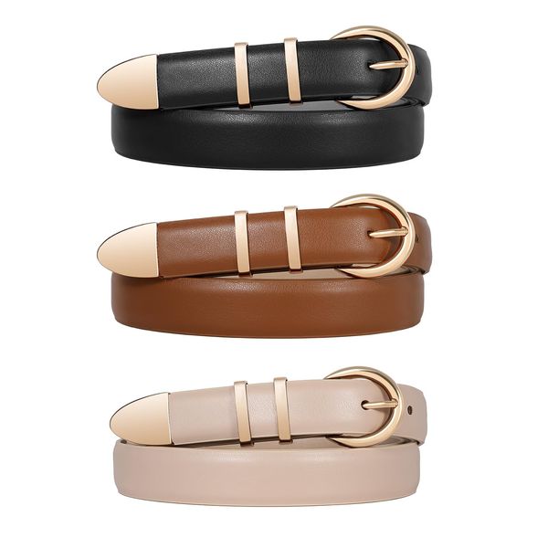 WERFORU 3 Pack Women's Leather Belts for Jeans Dresses Fashion Gold Buckle Ladies Waist Belts Black/Brown/Beige