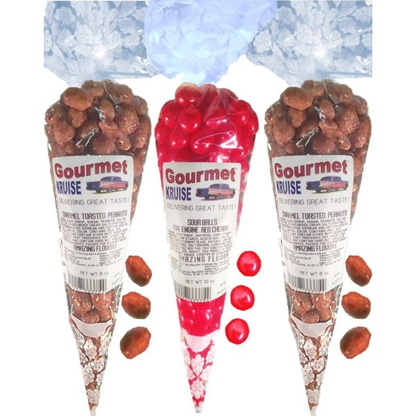 Peanuts (2) Caramel Toasted (1) Sour Cherry Balls Fire Engine Red (NET WT 26 OZ) Gourmet Kruise Signature Gift Bags