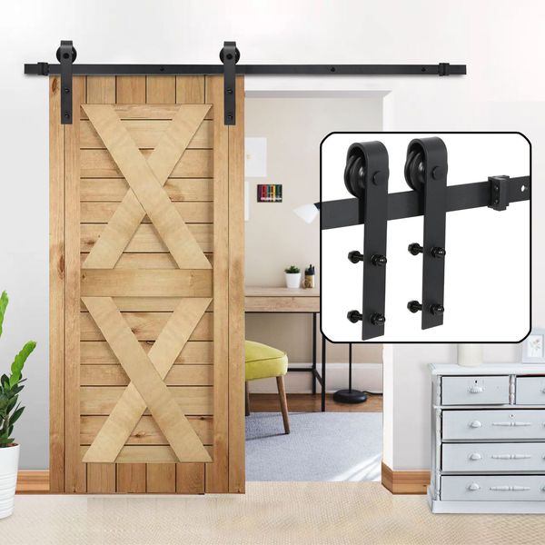 6.6FT Sliding Barn Door Hardware Kit Modern Closet Hang Style Track Rail Black