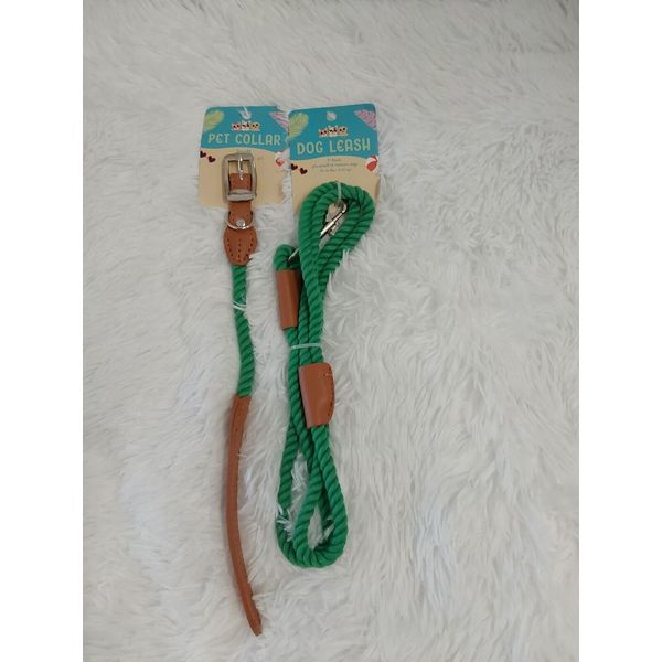 Green Polyester Rope Pet Collar (Small 10"-12") & Matching Dog Leash (33-66 Lbs)