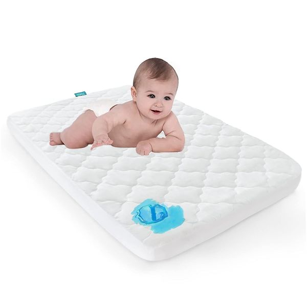 Travel Cot Mattress Protector Waterproof, Quilted Pack N Play Crib Mattress Cover(97x67cm), Fits All Baby Portable Mini Cribs, Ultra Soft, White