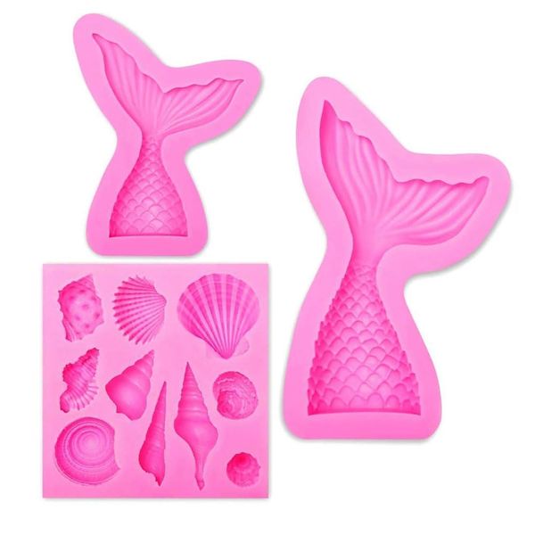 Fondant Cake Moulds, 3 Pieces Mermaid Tail Seashell Cake Fondant Mold Cake Decoration Baking Molds (B)