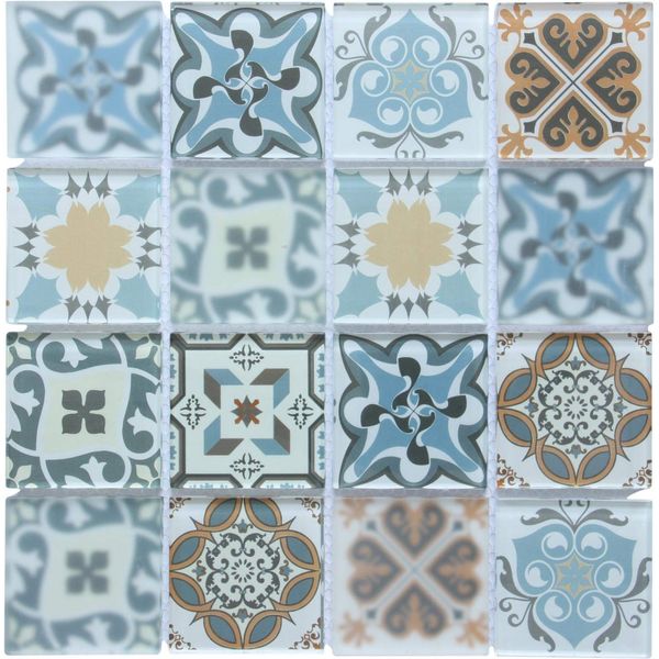 300x300mm Blue Patterned Glass Mosaic Tile Sheet (MT0179)