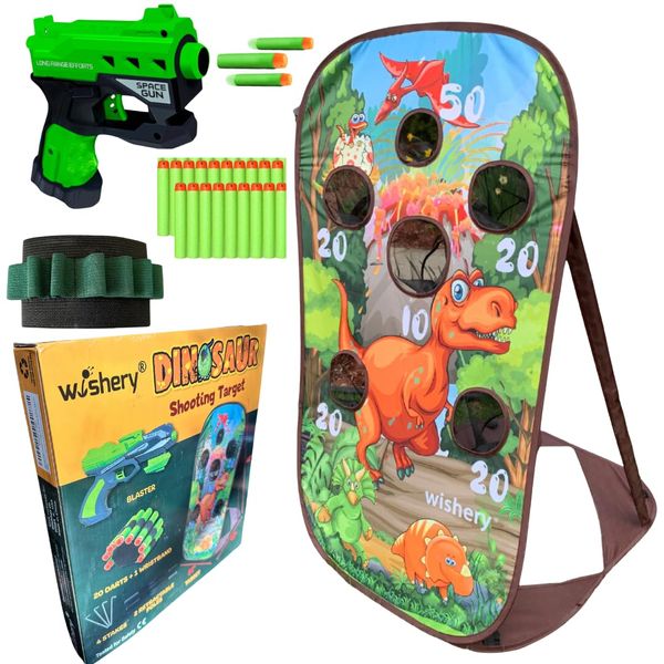 Shooting Game Toy for Age 5 6 7 8 9 10+ Years Old Boys - Kids Dinosaur Shooting Target Practice with Storage Net. Foam Dart Blaster, Bullets, Wrist Band. Toy Gift Compatible with Nerf Dino Squad Guns