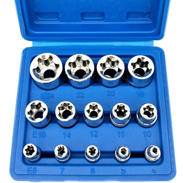 THIKPO 14tlg Torx Nuss Set E Profil Stecknüsse Steckschlüssel Satz Außentorx E4-E24 1/4 3/8 1/2 Zoll Steckschlüsseleinsätze