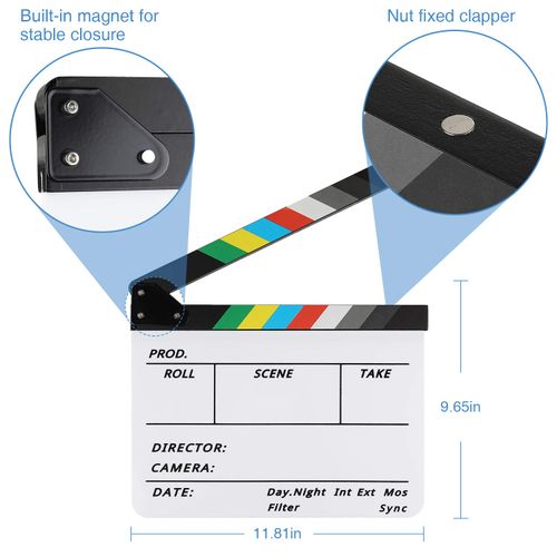Acrylic Film Clapboard -12 x 10in Plastic Film Clapboard Cut Action Scene Clapper Board with a Magnetic Blackboard Eraser and Two Custom Pens