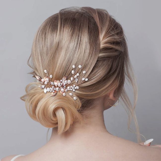 Brautschmuck, Etercycle Braut Kopfschmuck Hochzeit Haarspangen Kristall Haarnadeln Reben Blume Blatt Perle Haarschmuck für Braut - Roségold