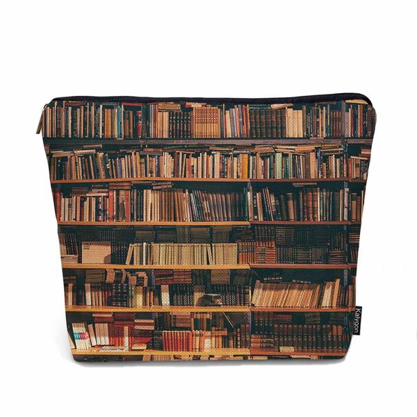 Kalygon Makeup Bag Bookshelf Makeup Bags For Purse Pouch, Vintage Library Bookshelf Old Books Travel Toiletry Bag Cosmetic Bag Makeup Bags Flax Makeup Organizer Bag Pencil Pouch For Man Woman