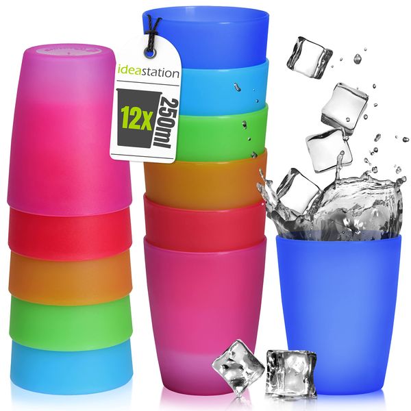 idea-station NEO Plastikbecher 12 x 250 ml - bunt - bruchsichere Trinkbecher Kinder - wiederverwendbare Becher aus Plastik - perfekt für Party, Outdoor, Camping