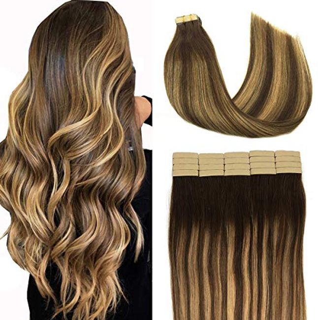 Clip in Human Hair Extensions Clip in Extensions Balayage Color#4/27, 14 / Brown with Blonde / Straight Clip