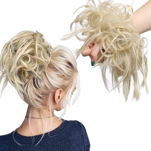 Tousled Updo Messy Bun Hair Extension Instant Ponytail With Elastic Rubber Band Updo Chignon Donut Scrunchies Extensions Hairpiece Synthetic Wavy Hair for Women Bleach Blonde