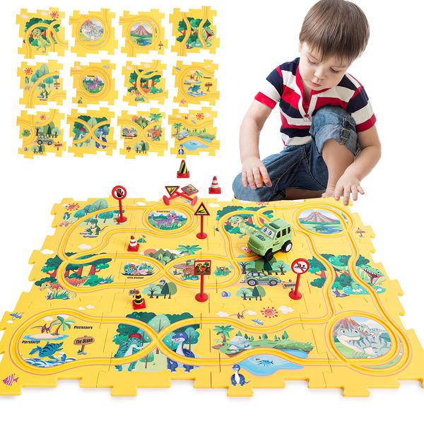 AMOR PRESENT 25PCS Dinosaur Puzzle Track Car Play Set, Plastic Dinosaur Puzzles for Kids with Vehicles Montessori Toys Railcar Puzzle Car Race Tracks for Toddlers Kids Boys Girls Party Favors