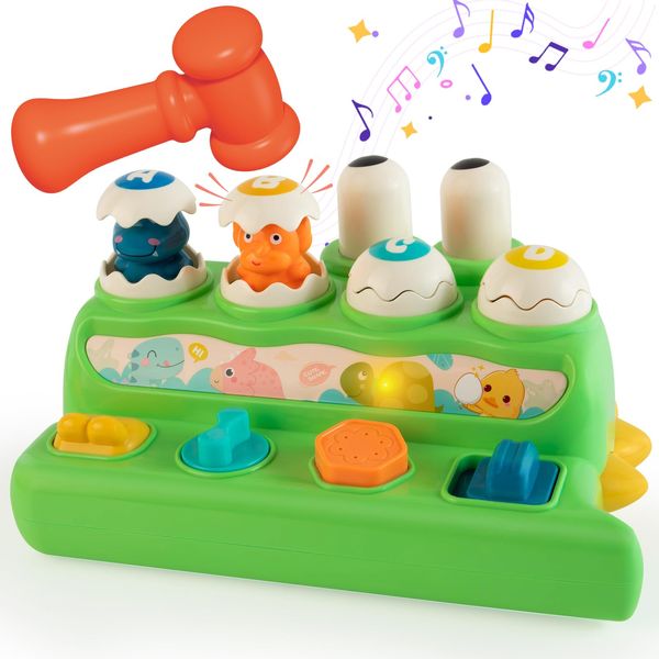 Pop Up Animal Toys for 6-12-18 Months Old Babies, Cause and Effect Toys with Buttons & Hammer, Musical Toy with Light, Early Learning Sensory Toy for 1 Year Old Toddler Boys Girls Birthday Gift