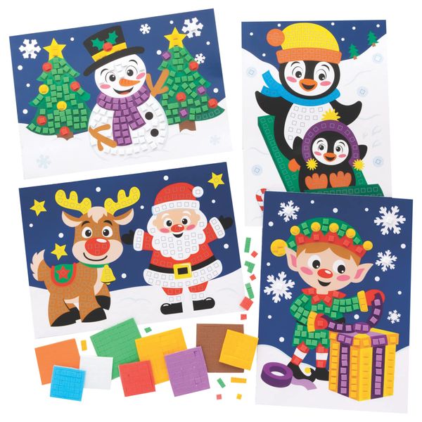 Baker Ross FC203 Christmas Mosaic Picture Kits - Pack of 4, Winter Mosaic Tiles Arts and Crafts, Christmas Mosaic Kits for Children, Creative Activities for Kids