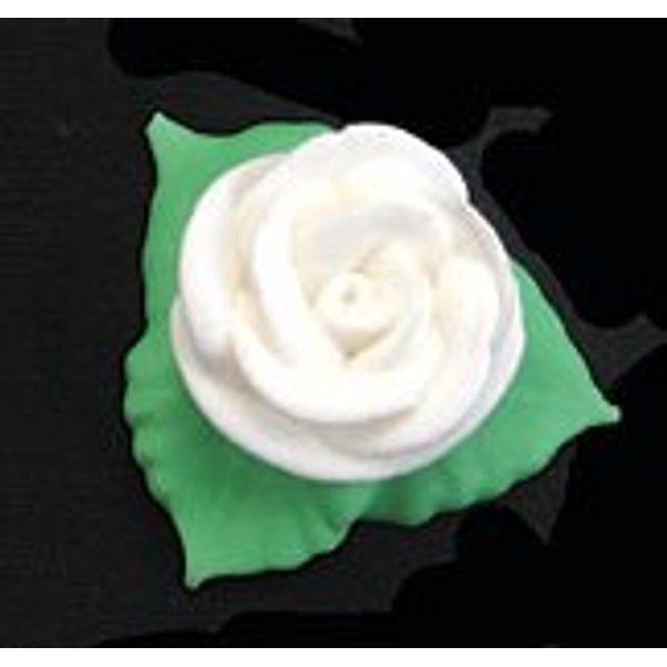 Item#38768 - White Rose W/3 Leaves Royal Icing Cake/Cupcake Decorations 12 Ct