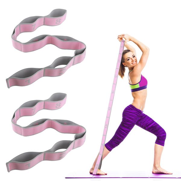 Amabro Yoga Gurt mit 2er Pack 8 Schlaufen resistance bands, Yoga Stretch Gurt Yoga Set Ideal Stretching Band für Heißes Yoga Gymnastikband in einem für Yoga Enthusiasten und Sportler