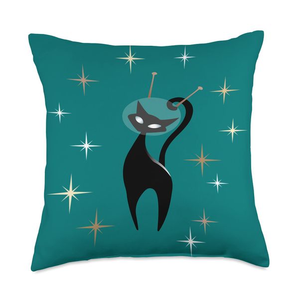 MCM Retro Atomic Mid Century Modern Space Cat Turquoise Throw Pillow